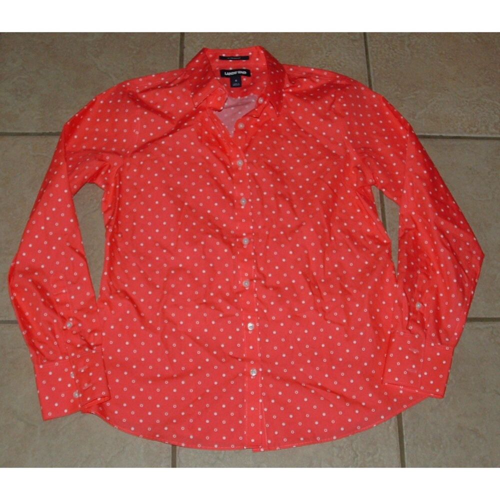 LANDS END Bright Coral Polka Dot Sz 6 No Iron Cotton Button Up Shirt NEW NWOT